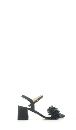 NEROFUMO Sandalo alto donna nero in tessuto con frange